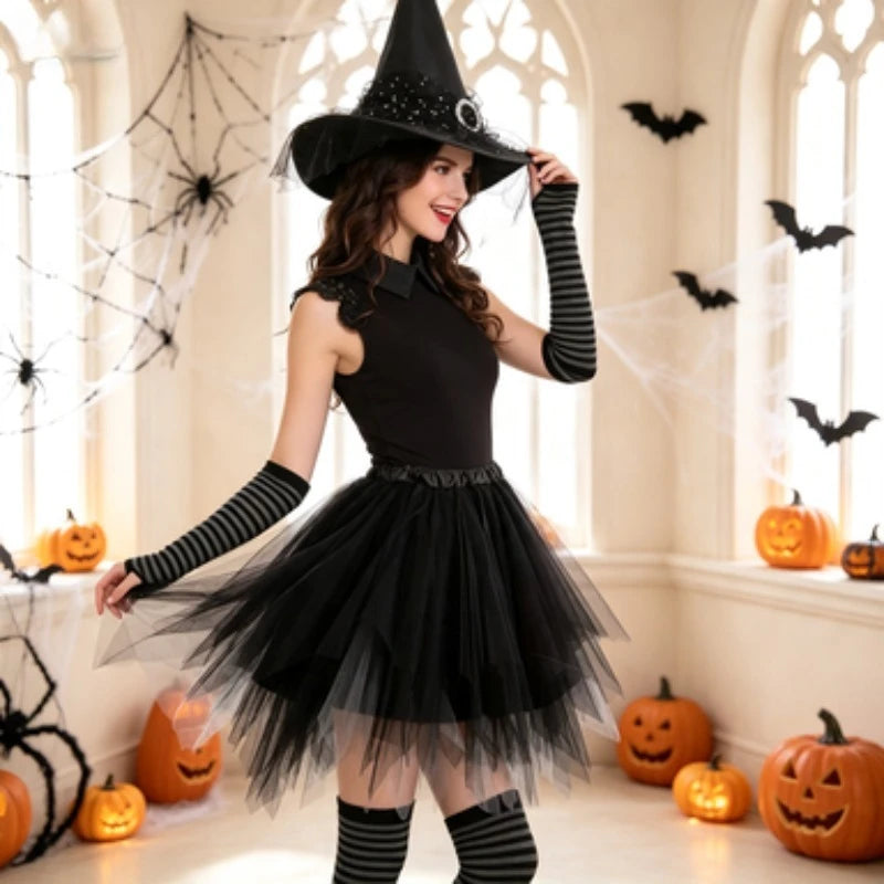 Halloween Witch Costume Set Witch Hat Striped Tights Tutu Skirt Party Fancy Dress Outfit for Holiday Cosplay Dress Up