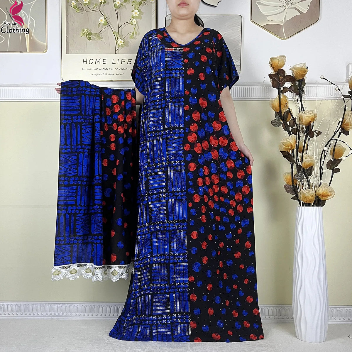 2025 New Summer Abaya Short Sleeve Dress With Big Scarf Printing Floral Loose Dress Islam Kaftan Women African Abaya Clothing