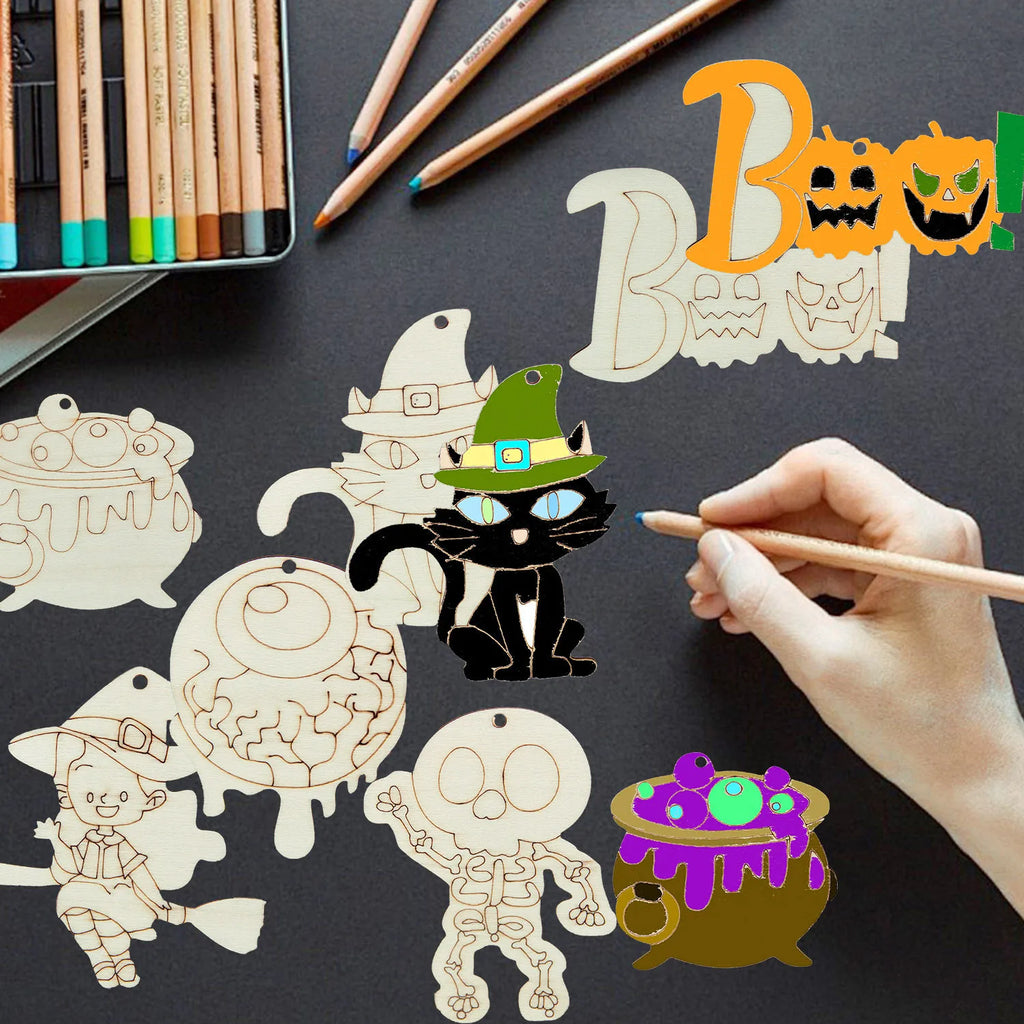 12pcs Wooden Halloween Unpainted Hanging Crafts Cartoon Witch/Cat Ornament for Halloween Decoration DIY Painting Gifts Supply