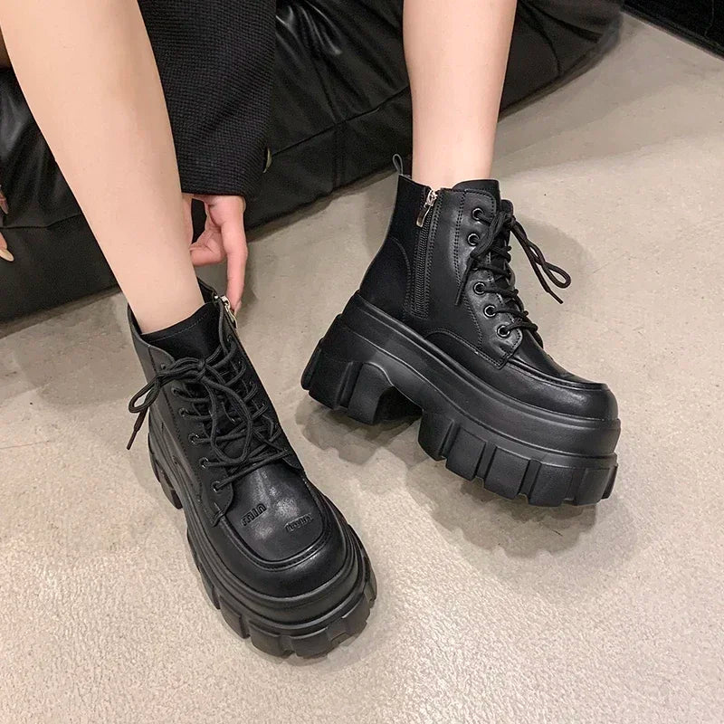9CM Autumn High Platform Leather Boots Wedge Heels Ankle Boots Winter Women Lace-up Warm Shoes Motorcycle Chunky Sneakers Woman