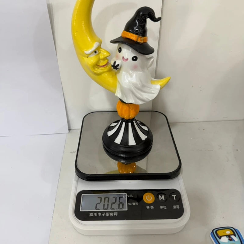 Halloween Ghost Witch Hat On Crescent Moon Resin Figurine Spooky Cute Tabletop Statue Autumn Pumpkin Home Party Decor Ornament