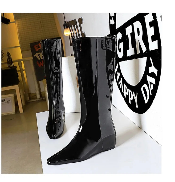 BIGTREE New Black Wedge Heels Women Modern Boots Female Shoes 2025 Fashion Luxury Pointed Toe Ladies Long Knee Western Boots