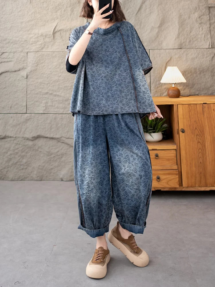 AmaxluluE 2025 Summer Women Denim Suits Loose Printed Two Pieces Sets Floral Outfit O Neck Tops Tees Vintage Jeans Fashion Pants