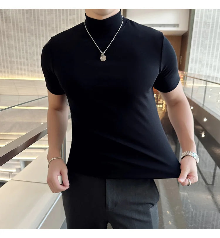 Spring Summer Men's Half High Neck Short Sleeve T-shirt Korean Slim Fit Solid Color Bottom Shirt Casual Cotton Elastic T-shirts