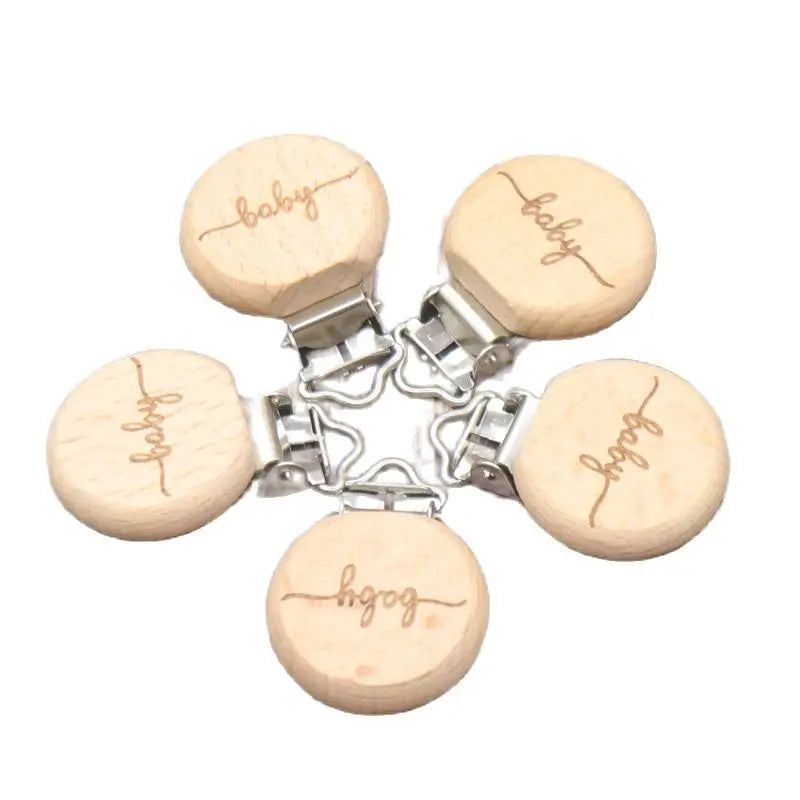 5Pcs Round Printing Beech Wood Teething Clip Chew Soother Pacifier Clip Chain For Nipple Chain Clip Nursing Product Wholesale