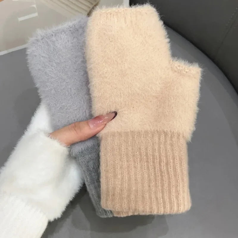 Thermal Fingerless Gloves Women Winter Freeze-proofing Breathable Plush Glove Outdoor Cycling Cold Proof Warm Half Finger Gloves