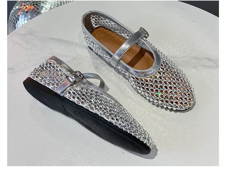 Luxury Crystal Rhinestone Fishnet Ballet Flats Woman Brand Design Rivet Mesh Mary Jane Shoes Ladies Summer Loafers Plus Size 42