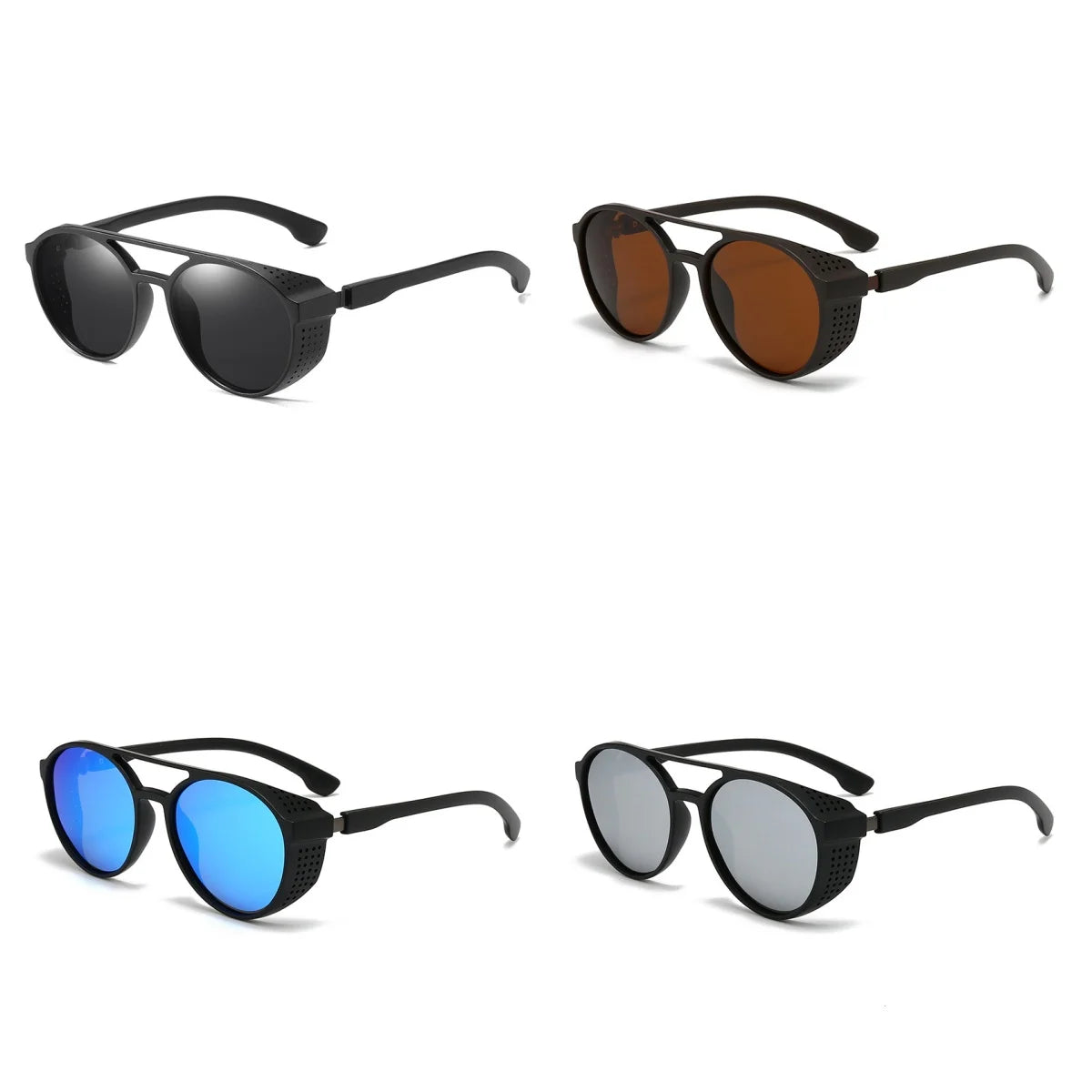 Men Women Polarized Sunglasses Steampunk Sports Sun Glasses Round Frame Eyewear with Side Shield UV400 Protection Driving Shades