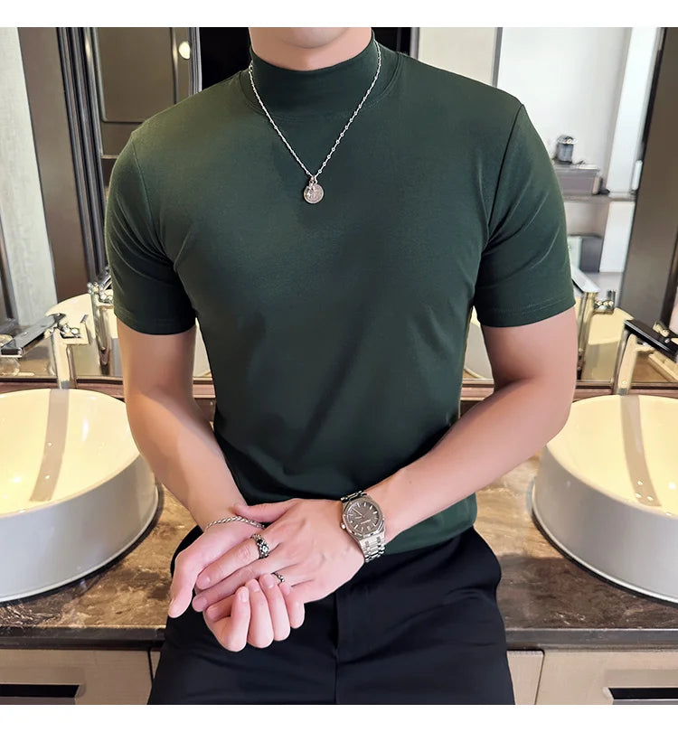 Spring Summer Men's Half High Neck Short Sleeve T-shirt Korean Slim Fit Solid Color Bottom Shirt Casual Cotton Elastic T-shirts