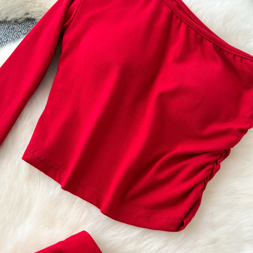 Chic Two-piece Sets One Shoulder Long Sleeve Diagonal Collar Blouse Basics High Waist Split Skirt High Street Vintage Clothing