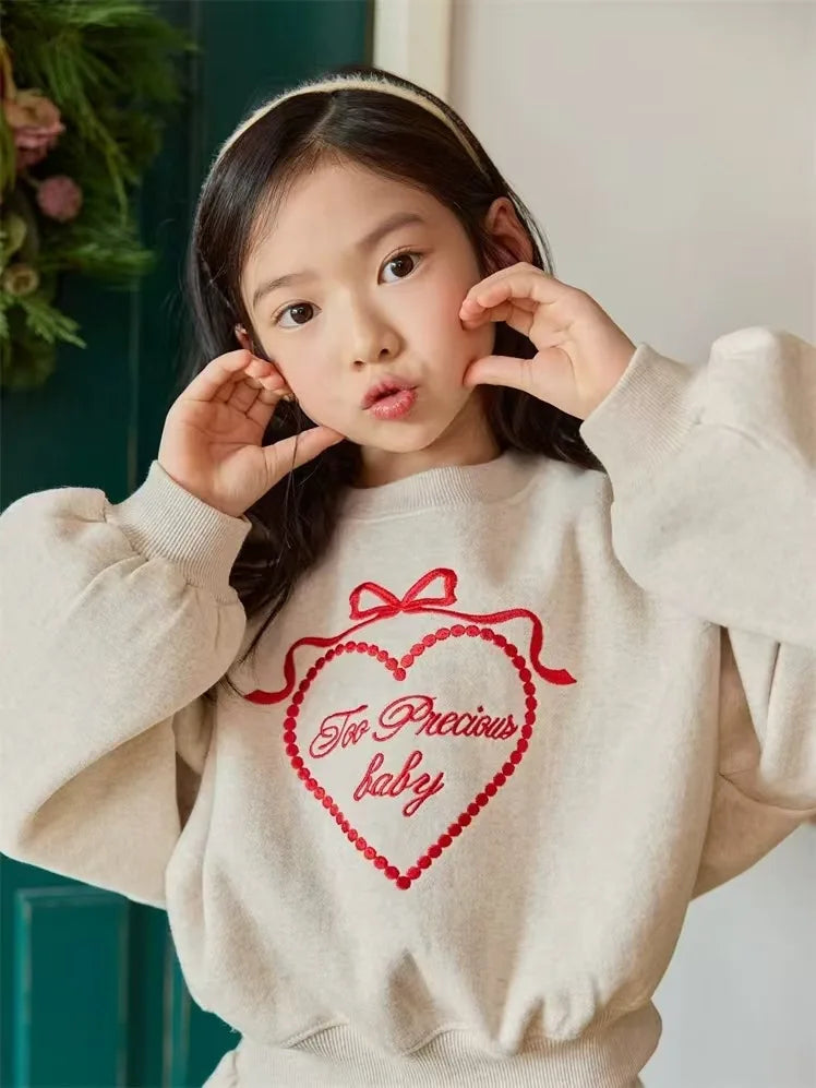 2026 Spring New Children Long Sleeve Clothes Set Baby Girls Heart Embroidery Sweatshirt + Pants 2pcs Suit Kids Sports Outfits