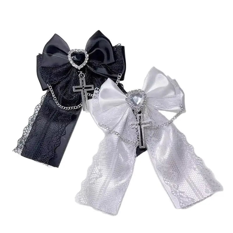 Pinzas de lazo bonitas estilo Harajuku Y2K estético Lolita con cadenas cruzadas góticas negras, azules, blancas y dulces de encaje para el pelo para niñas y mujeres