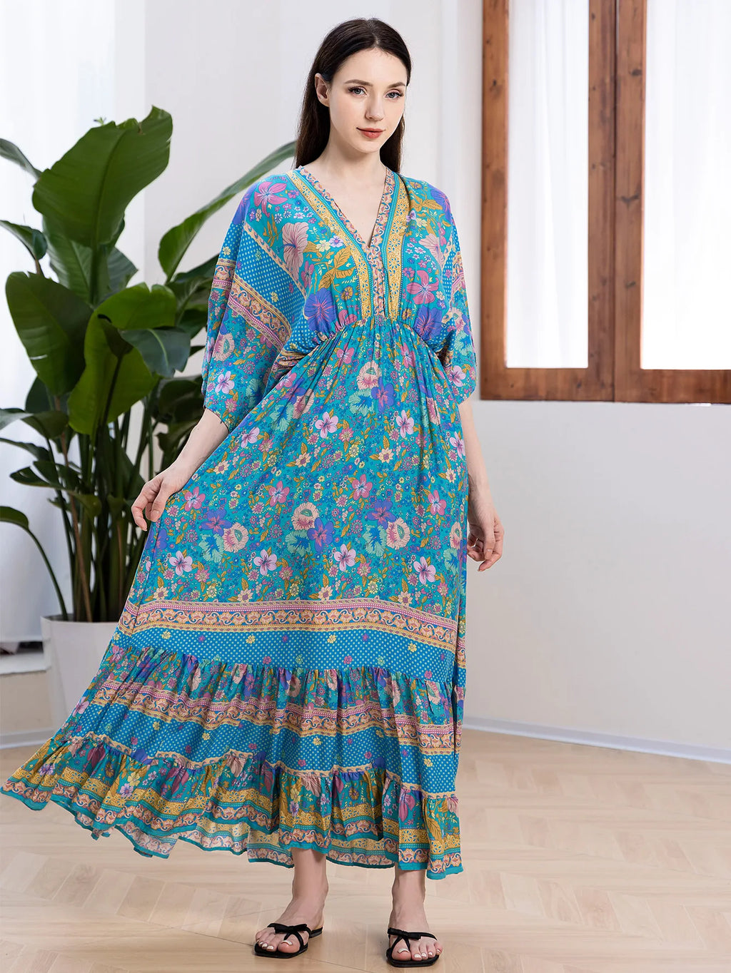 Bohemian Oversize Loose Elastic Waist Maxi Dresses Women Robe Cotton Rayon Floral Printed Long Dress Summer Boho Beach Cover up