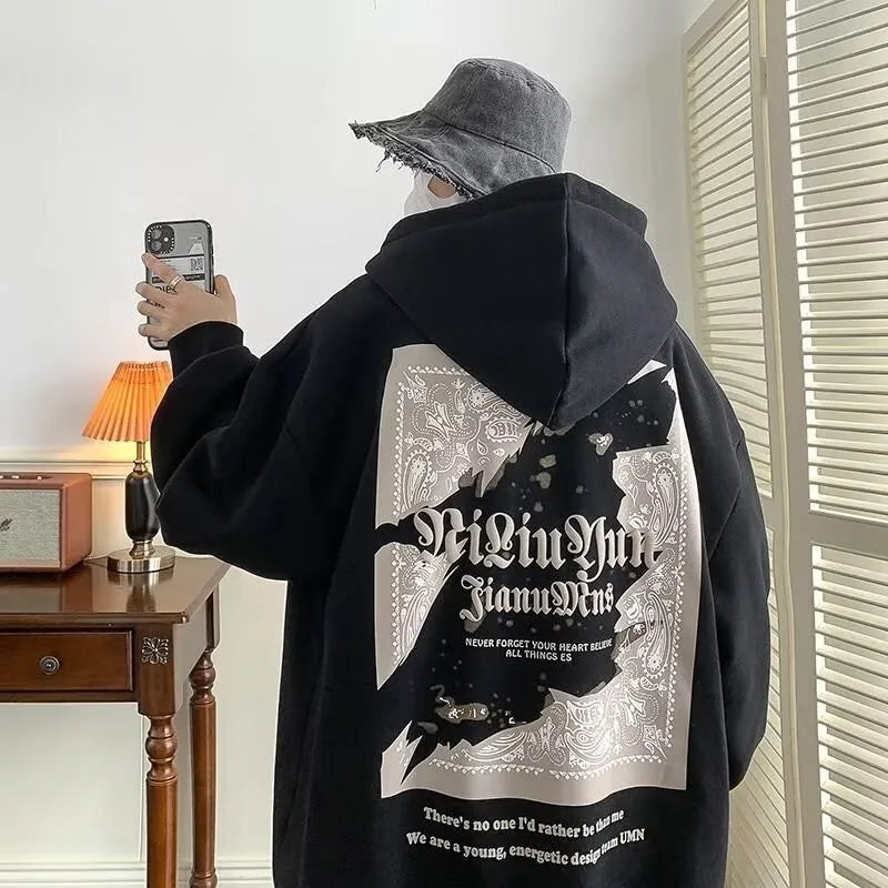 【M-8XL】American Retro Creative Poker Card Printed Hoodie for Men Fashionable and Trendy Street Loose Oversized Jacket for Men