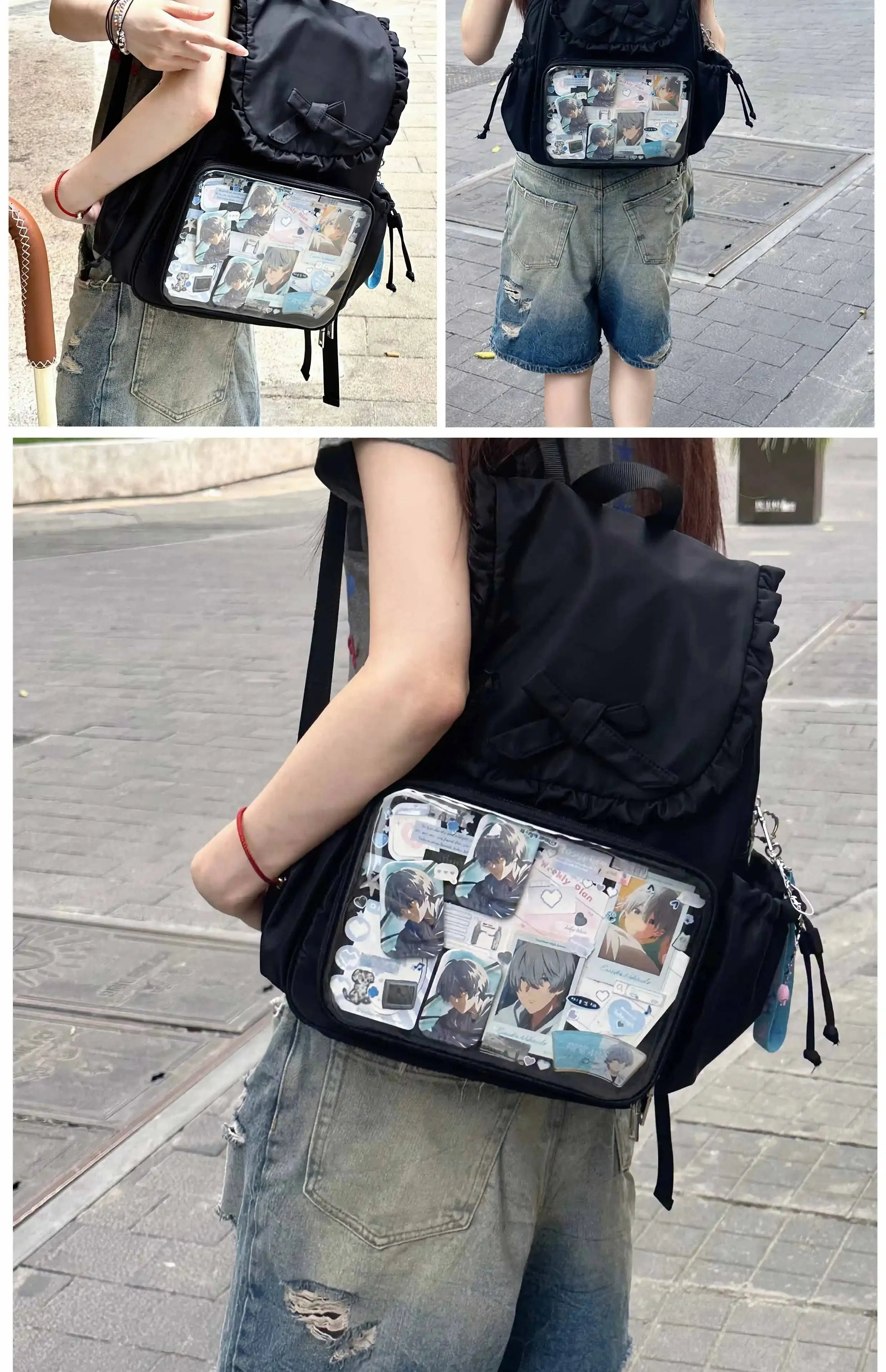 Original Two-dimensional Cute Transparent Large-capacity Backpack Women Sweet Bow Rabbit Ears Bags Preppy Style Kawaii Backpacks