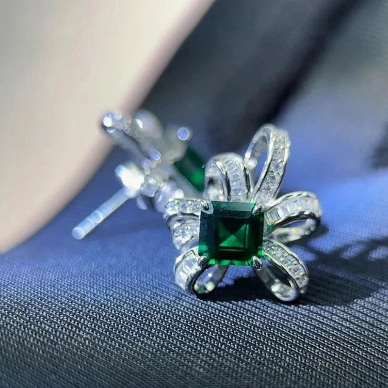 Huitan Aesthetic Knot Design Women Stud Earrings with Bright Green CZ Charming Wedding Fashion Accessories Party Daily Jewelry