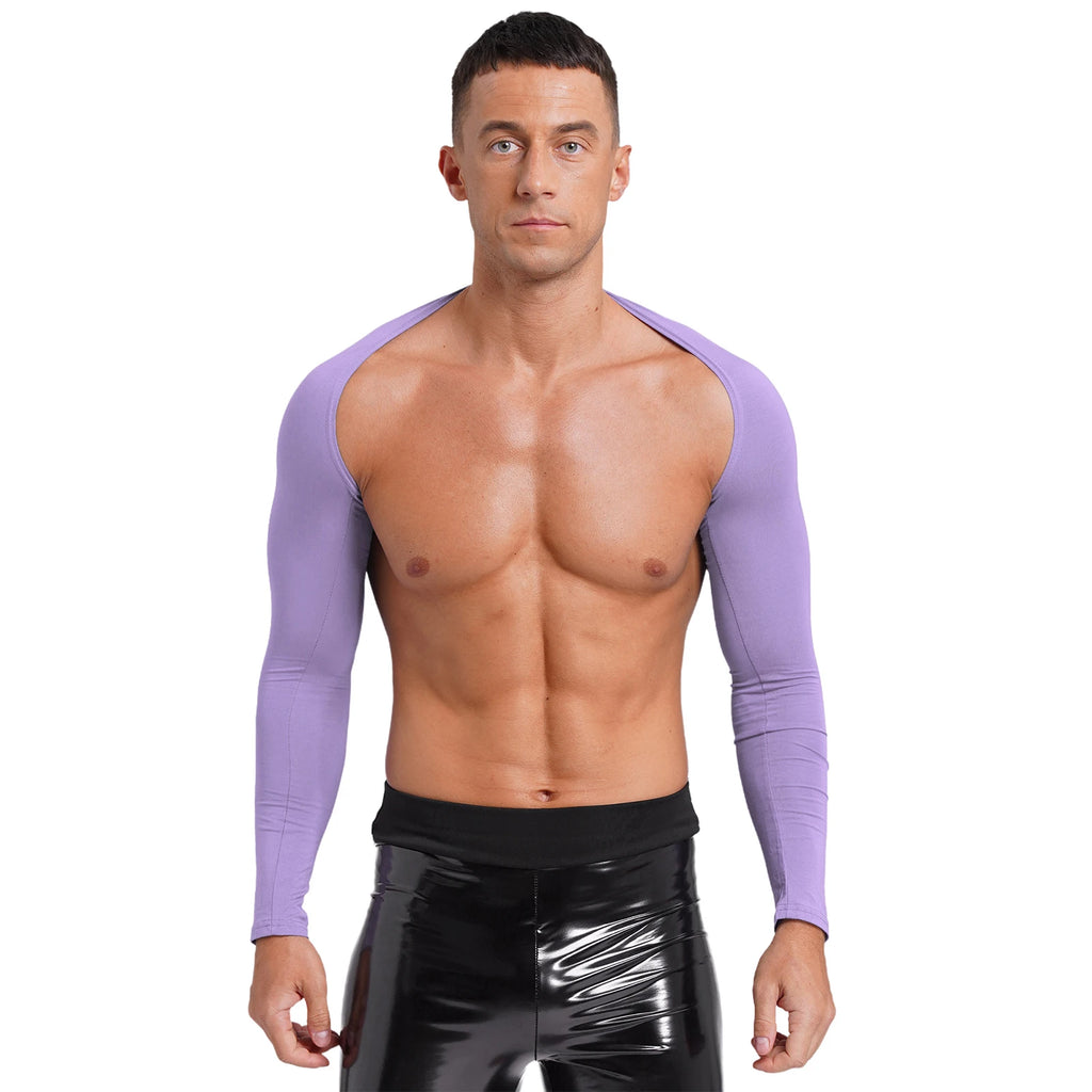 Men Open Front Half Crop Top Solid Long Sleeve Cardigan Bolero Shrug Tops Muscle Arm Sleeves Workout Sports Gym Tops Clubwear