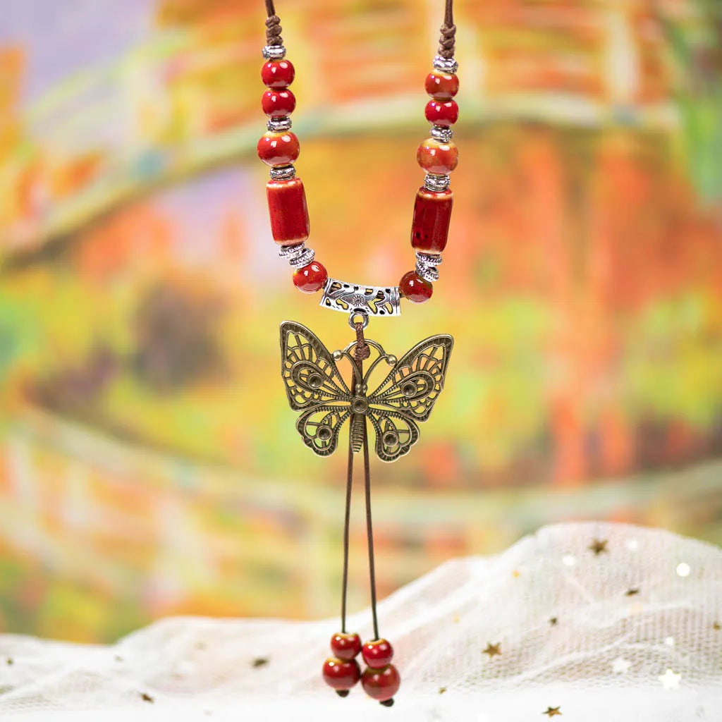 Bohemian Vintage Butterfly Necklace, Ceramic Beads, Adjustable Pendant, DIY Gift, Drop Shipping, XPF001