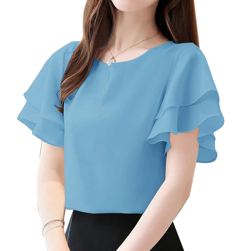 Elegant Women Short Sleeve Office Shirt ZANZEA Summer Blouse Fashion Solid OL Work Tops O Neck Blusas Tunic Ruffles Chemise