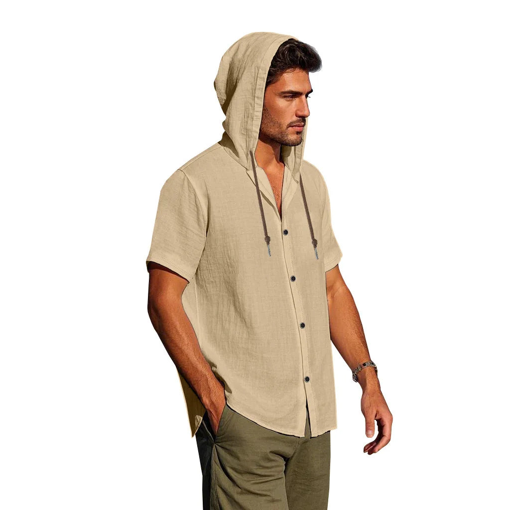 American Summer Men's Thin Breathable Linen Ami Kaji Loose Hooded Short-sleeved Shirt Men