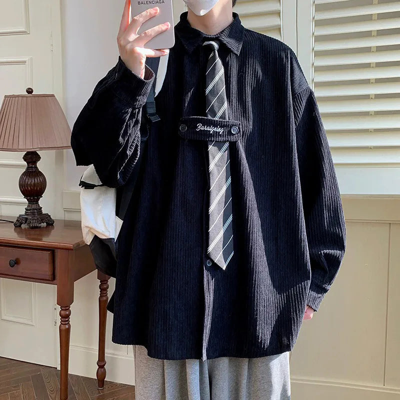 Velvet Hemd Herren 2025 Herbst Neu Vintage Langarm Freizeithemden Mode Streetwear All-Match Unterzieh-Krawattenblusen