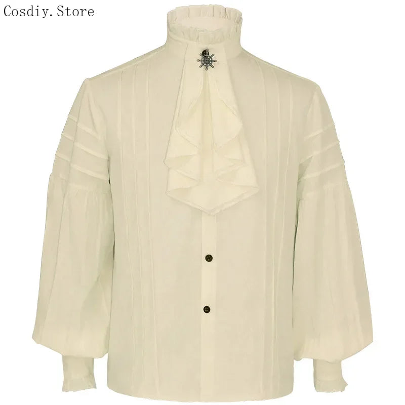 Gothic Punk Shirt Victoria Lace Ruffle Blouse Men's Jabot Tie Tops Long Sleeves Halloween Costume Vintage Tops High Neck Collar