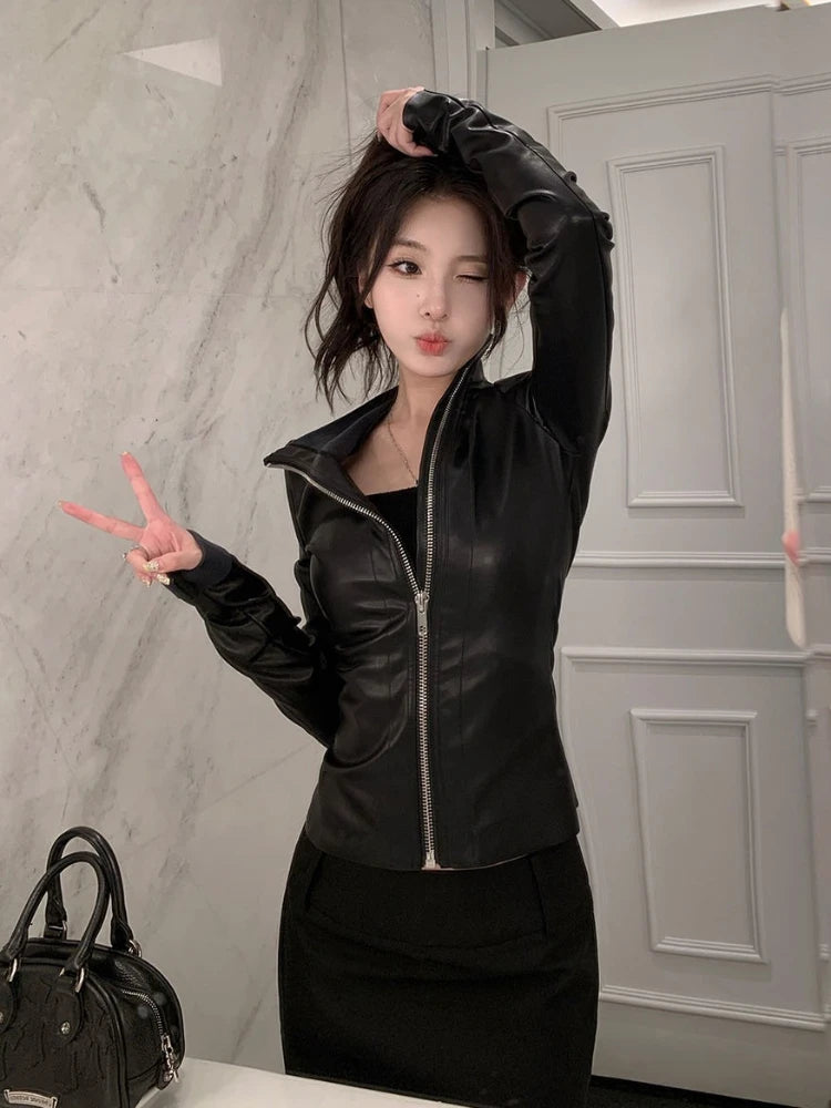 Vintage Gothic Leather Jacket Women Black Slim Zip Up Long Sleeve Tight Crop Coat Y2K Hot Girl Punk Streetwear Fashion Clothes
