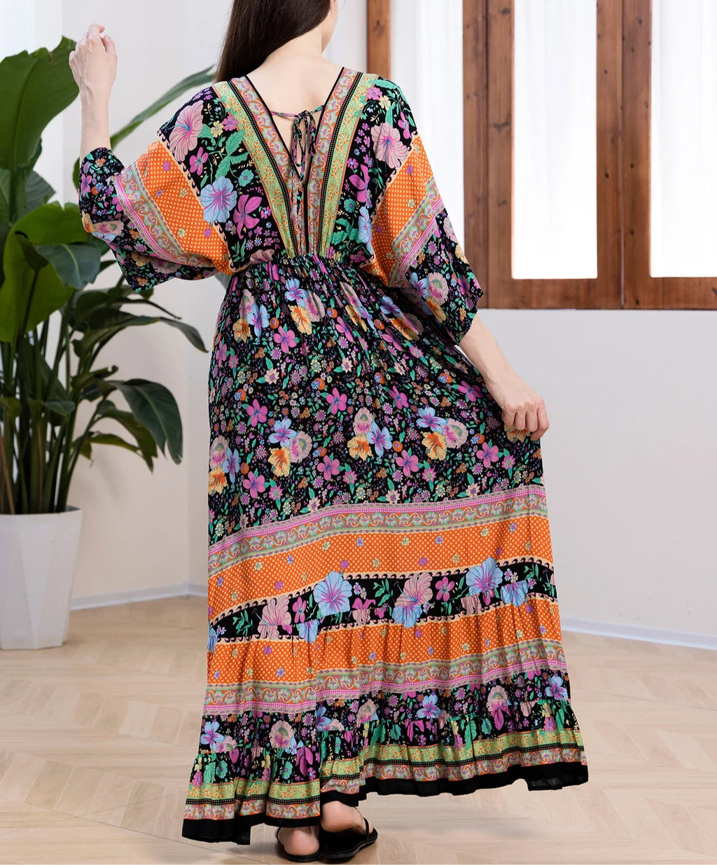 Bohemian Oversize Loose Elastic Waist Maxi Dresses Women Robe Cotton Rayon Floral Printed Long Dress Summer Boho Beach Cover up