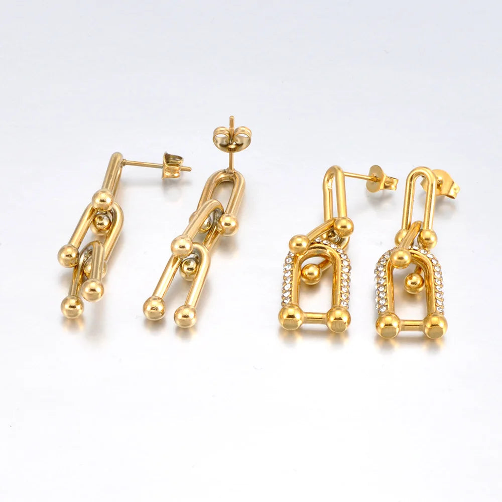 JeeMango 316L Stainless Steel Unique Zircon Horseshoe Earrings for Women Gold Plated U Shape Hoop for Wedding Jewelry Party Gift