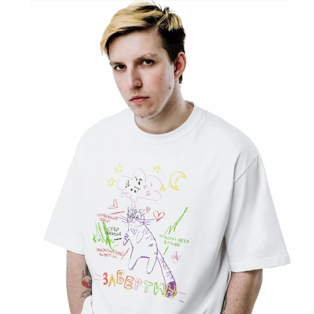 Streetwear Men's Clothing Cotton Cat Graphic Print Korean Fashion Harajuku Goth Y2k Hip Hop Short Sleeve Top Tee Oversize Tshirt