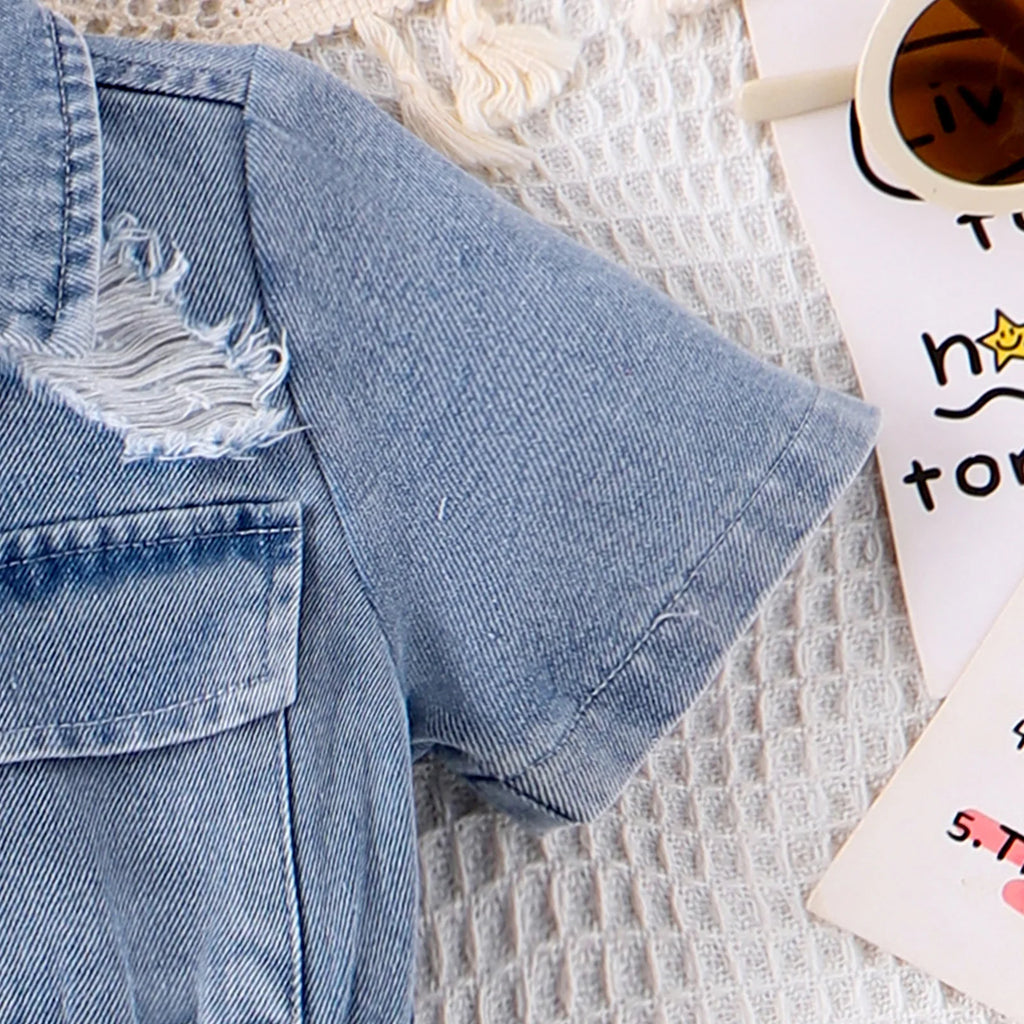 New Children Denim Jumpsuits Dresses Girls Medium and Large Kids Waist-cinching Denim Jumpsuit with Lapels and Ripped Waists