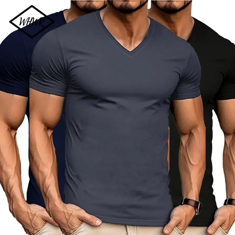 2025 Summer V Collar Mens T Shirt Solid Color Short Sleeved T-Shirt For Male Tops Tees Polyester Men Tights Slim Man Gym Tshirt