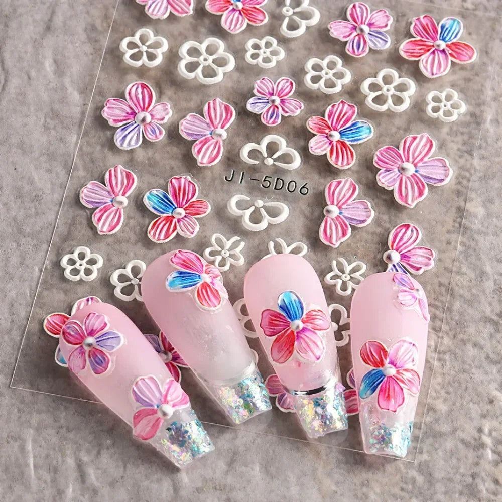 5D Nail Stickers Flowers Geometric Lines Decor Acrylic Embossed Sliders Gold Frame Nail Decals Cherry Blossom Manicure Nail Art