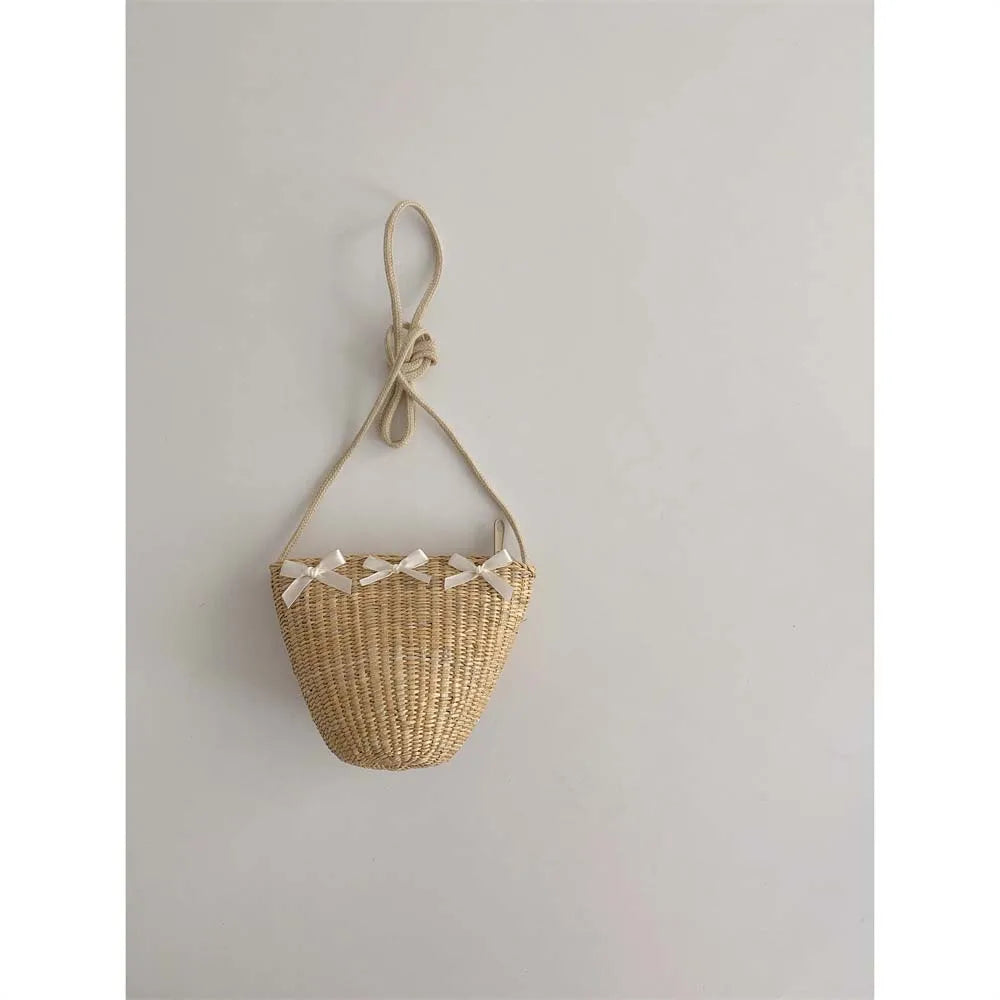 2025 Summer Kids Sun Hat Bag Printcess Bow Girls Panama Caps Kids Sun Protection Beach Straw Hat Bag