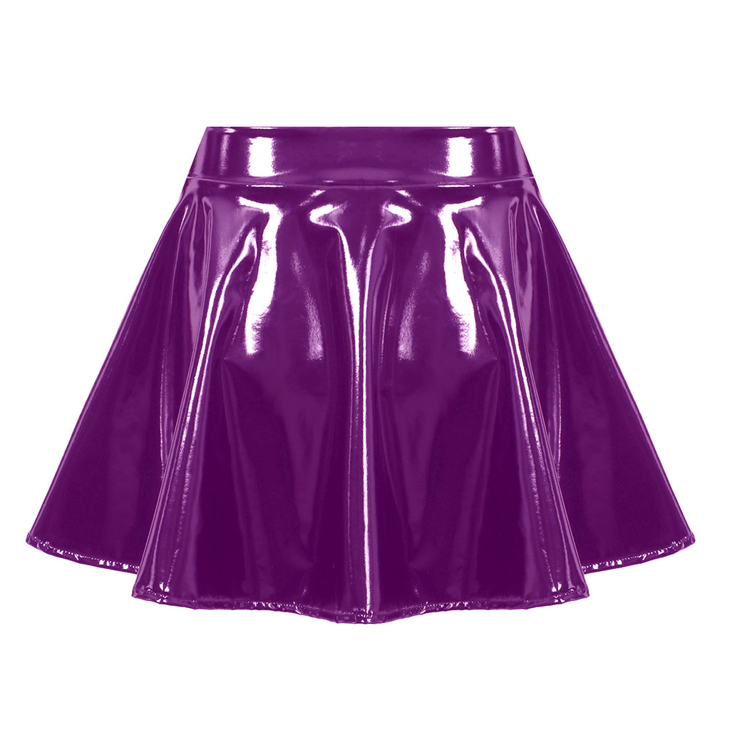 Sexy Damen Wetlook PVC Leder Rüschenröcke Party Low Waist Eingebaute Strings Minirock mit Strumpfhalter Metallclips Set Club