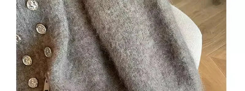 Grey Vintage Sweater Cardigans For Women Autumn New High Collar Double Breasted Knitted Coats Simple Elegant Female Knitwear Top