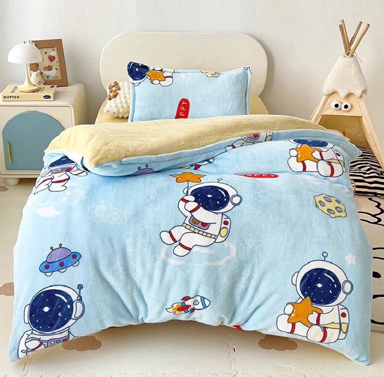 Baby Cartoon Print Bedding Set Duvet Covers Pillowcases Set Autumn Winter Warm Suede Bedclothes Bed Linen CP29