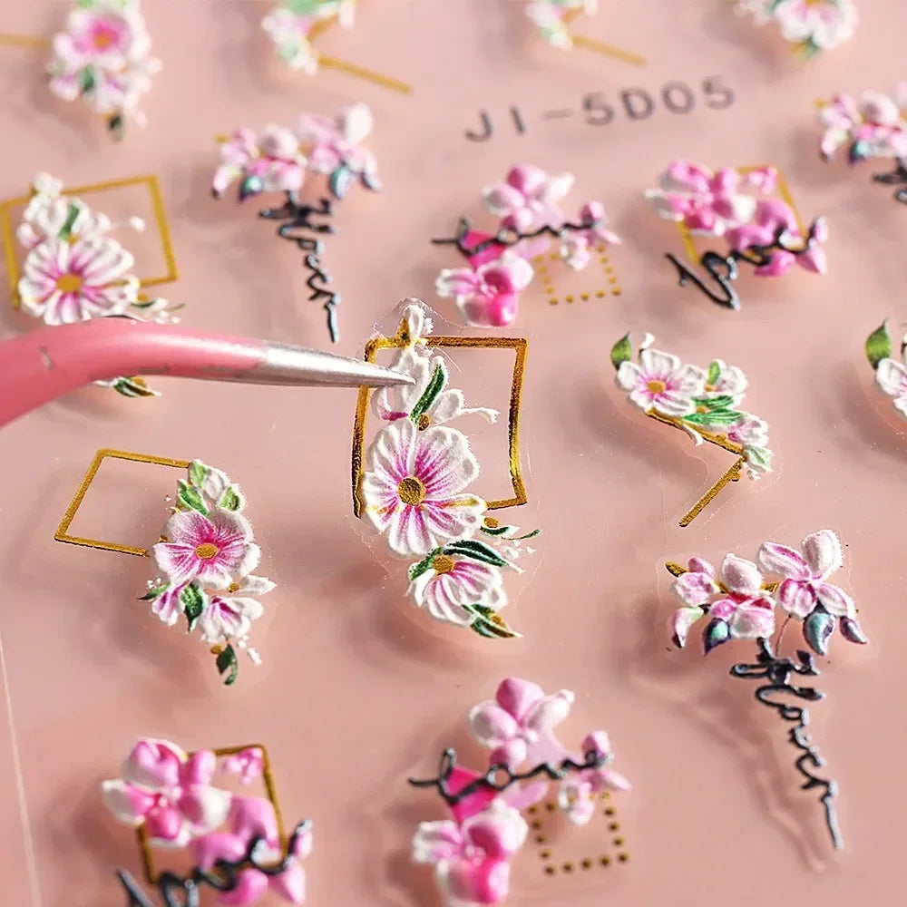 5D Nail Stickers Flowers Geometric Lines Decor Acrylic Embossed Sliders Gold Frame Nail Decals Cherry Blossom Manicure Nail Art