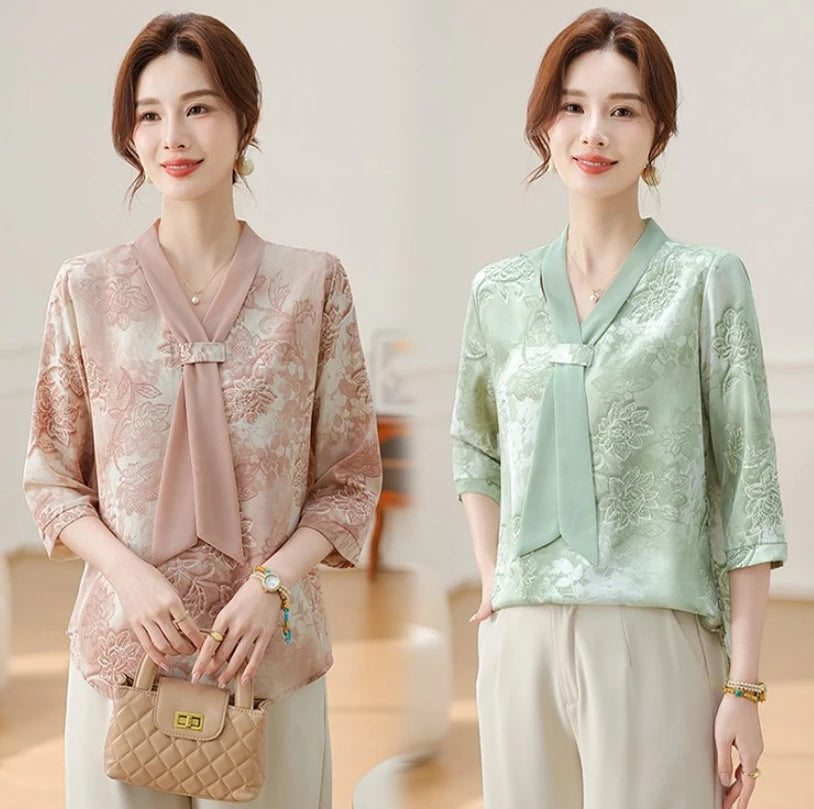 Fashion Printed Spring and Autumn shawl collar Women's Fashion Floral Checked Mid Sleeved Loose Chiffon Tops