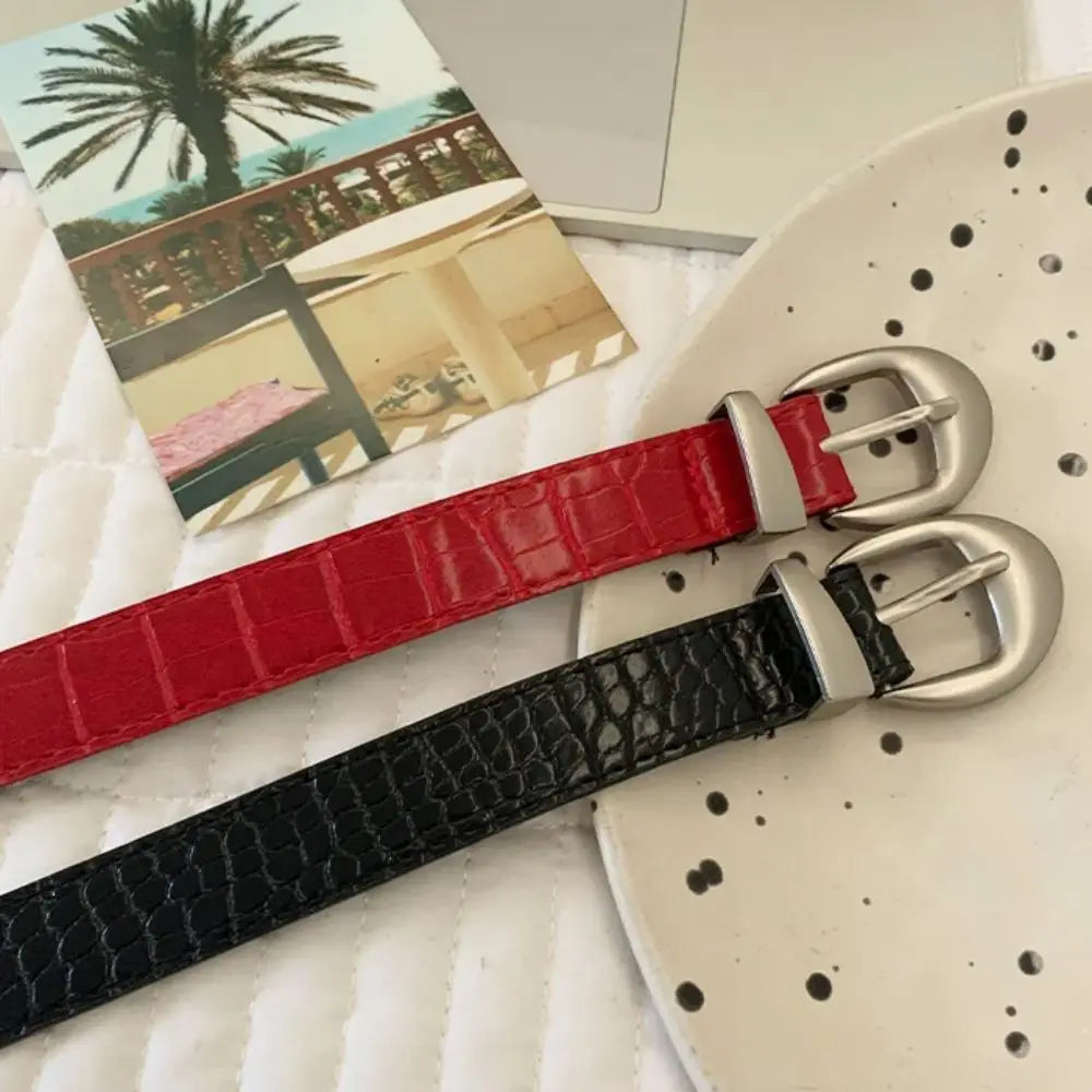 Ins Style Crocodile Pattern Women's Belt PU Leather Korean Thin Waist Belt Niche Black Red Dress Jeans Belt For Girls
