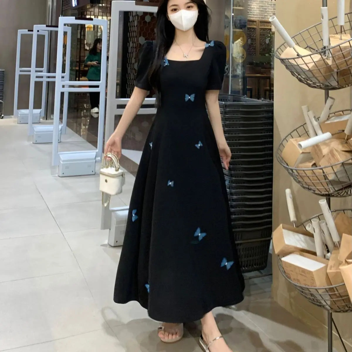 Square-neck Elegant Little Black Dress for Women New Summer French Versatile Style