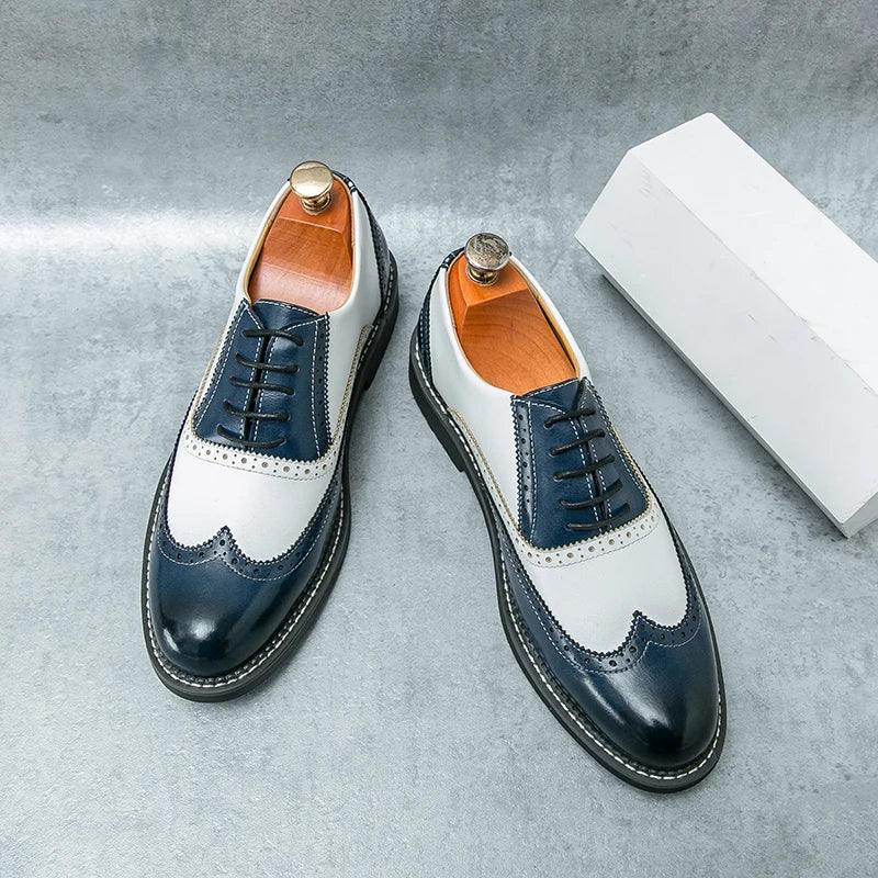 British Men's Trendy Shoes Handmade Sole Brogue Shoes Fashionable Blue Men's Leather Casual Shoes Versatile Free Delivery