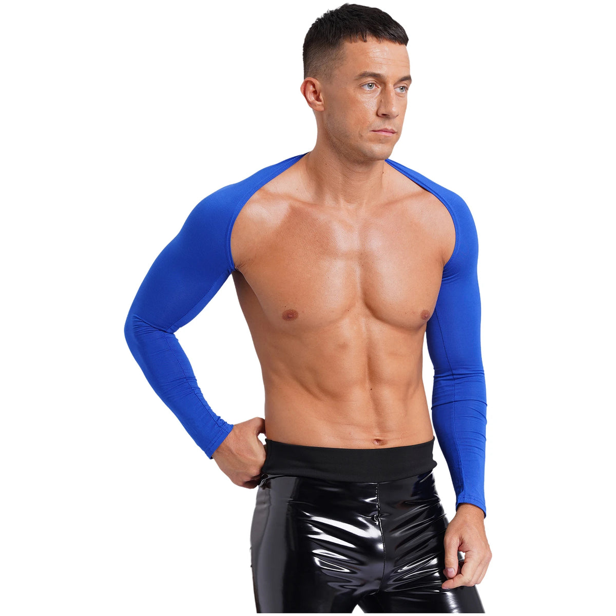 Men Open Front Half Crop Top Solid Long Sleeve Cardigan Bolero Shrug Tops Muscle Arm Sleeves Workout Sports Gym Tops Clubwear