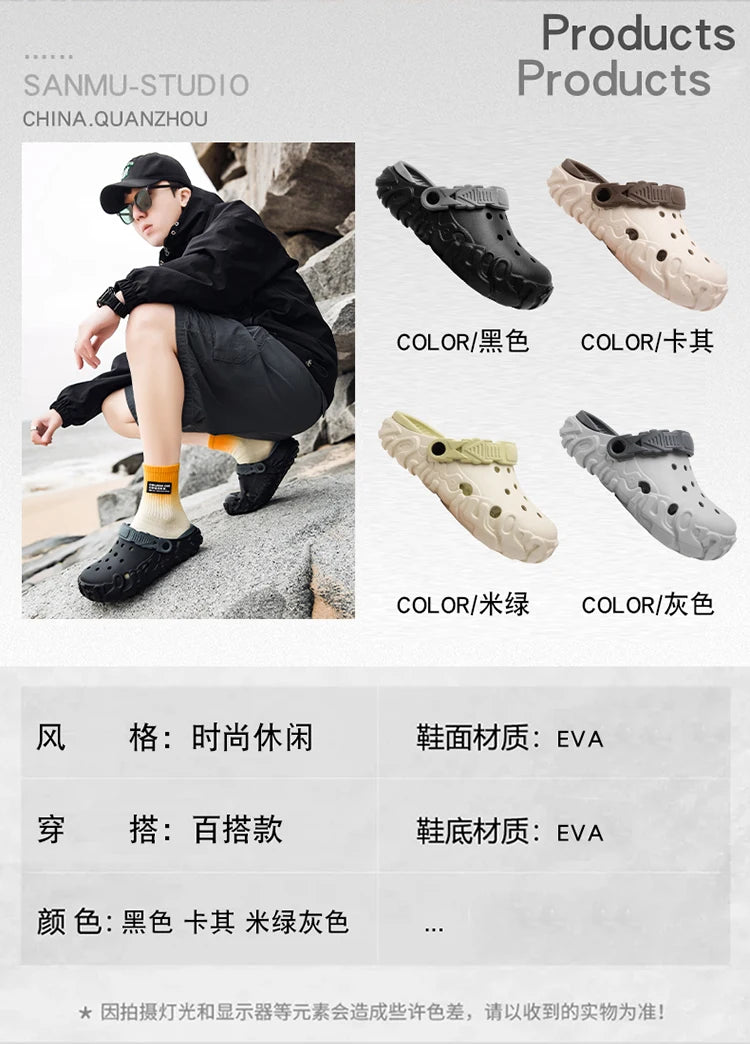 Hollow-Out Shoes for Men, Summer Outdoor Wear, Non-Slip, Wear-Resistant, Closed-Toe Sandals, Men's Beach Casual Sports Soft-Soled Slippers