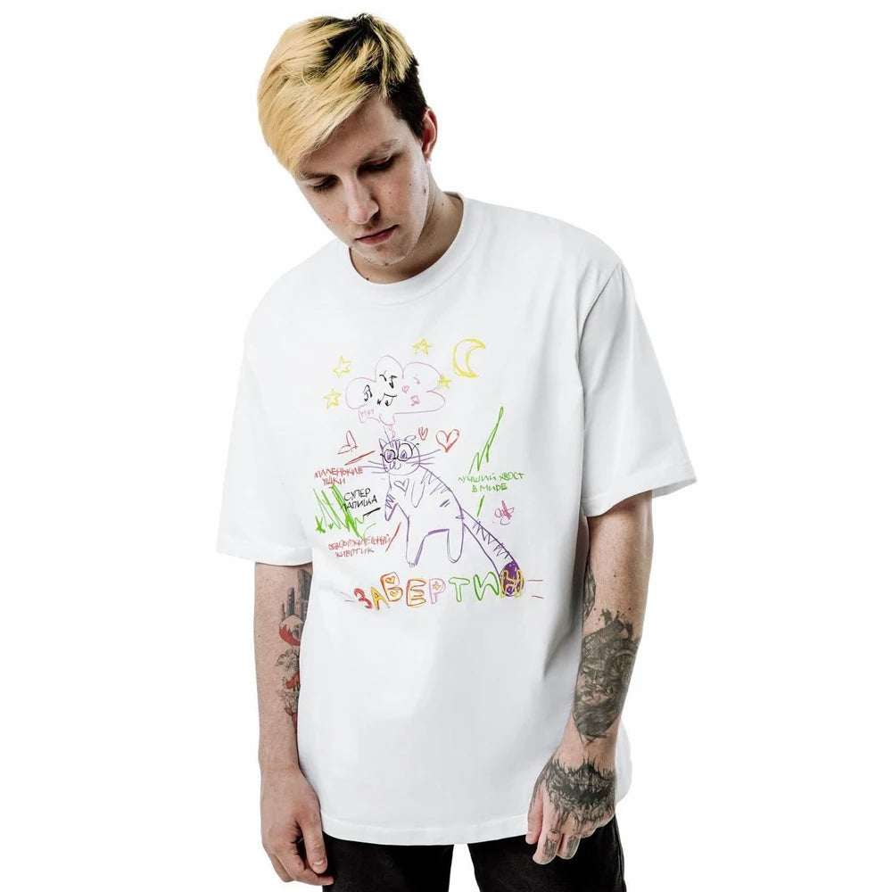 Streetwear Men's Clothing Cotton Cat Graphic Print Korean Fashion Harajuku Goth Y2k Hip Hop Short Sleeve Top Tee Oversize Tshirt