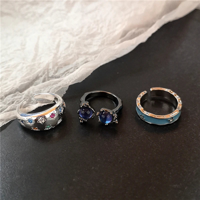Y2K Kpop Crystal Heart Star Adjustable Irregular Geometry Punk Vintage Harajuku Rings Set For Women Girl Fashion Grunge Jewelry
