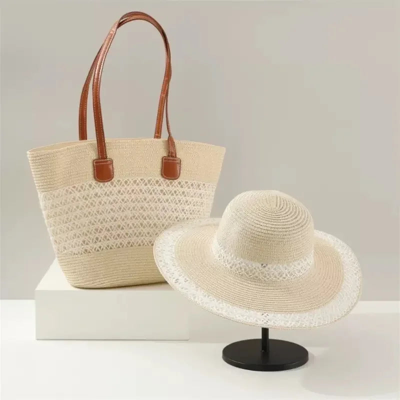 Large Capacity Straw Woven Bag And Hat Set for Outdoor Travel Face Slimming Wide Brim Sunshade Tote Bag Trendy Bucket Handbag