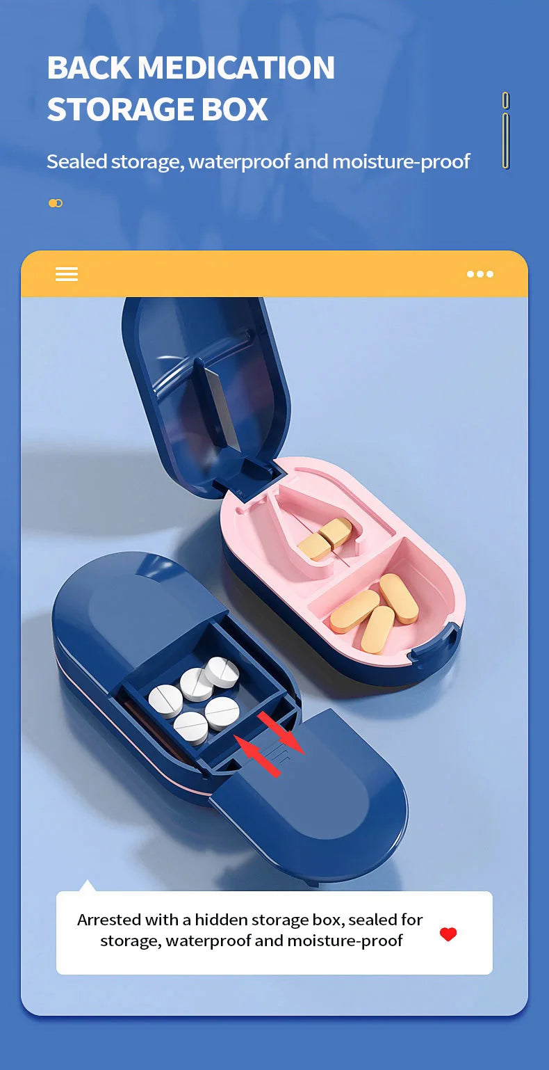 Portable Pill Splitter -2-in-1 Pill Box with Stainless Steel Blade - Suitable for Vitamin Tablets - Cutting Pills 1/2, 1/4 with