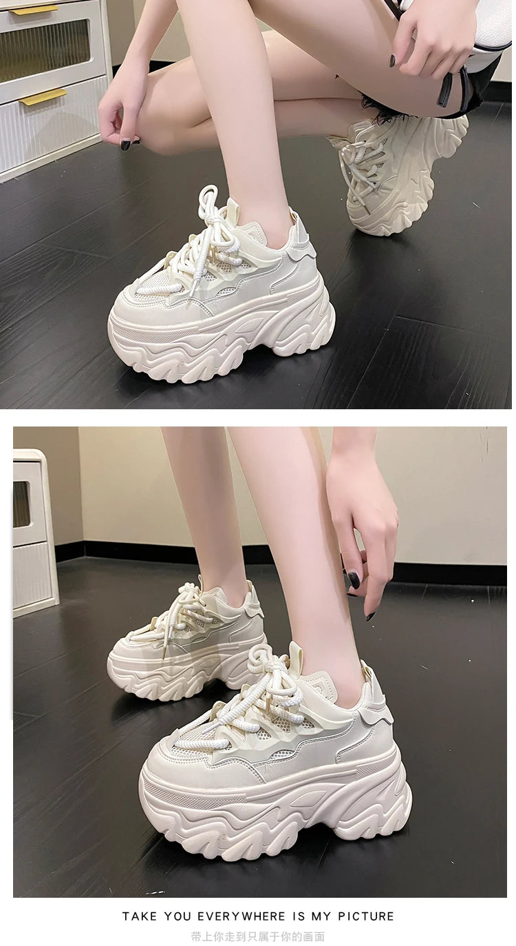 Women Platform Casual Breathable Mesh Shoes 2025 New Summer Chunky Sneakers 8.5CM Wedges Hidden Heels Hollow Leisure Shoes Woman