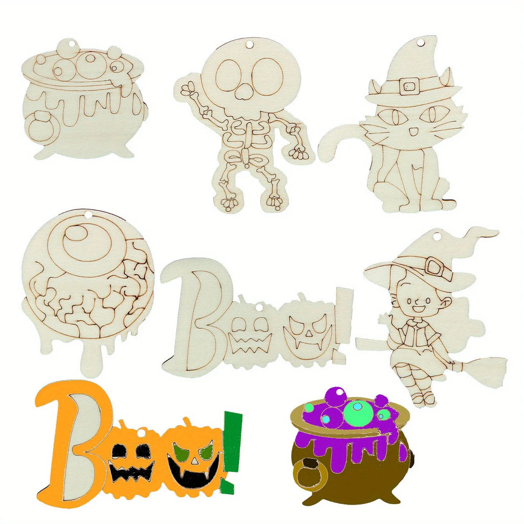 12pcs Wooden Halloween Unpainted Hanging Crafts Cartoon Witch/Cat Ornament for Halloween Decoration DIY Painting Gifts Supply